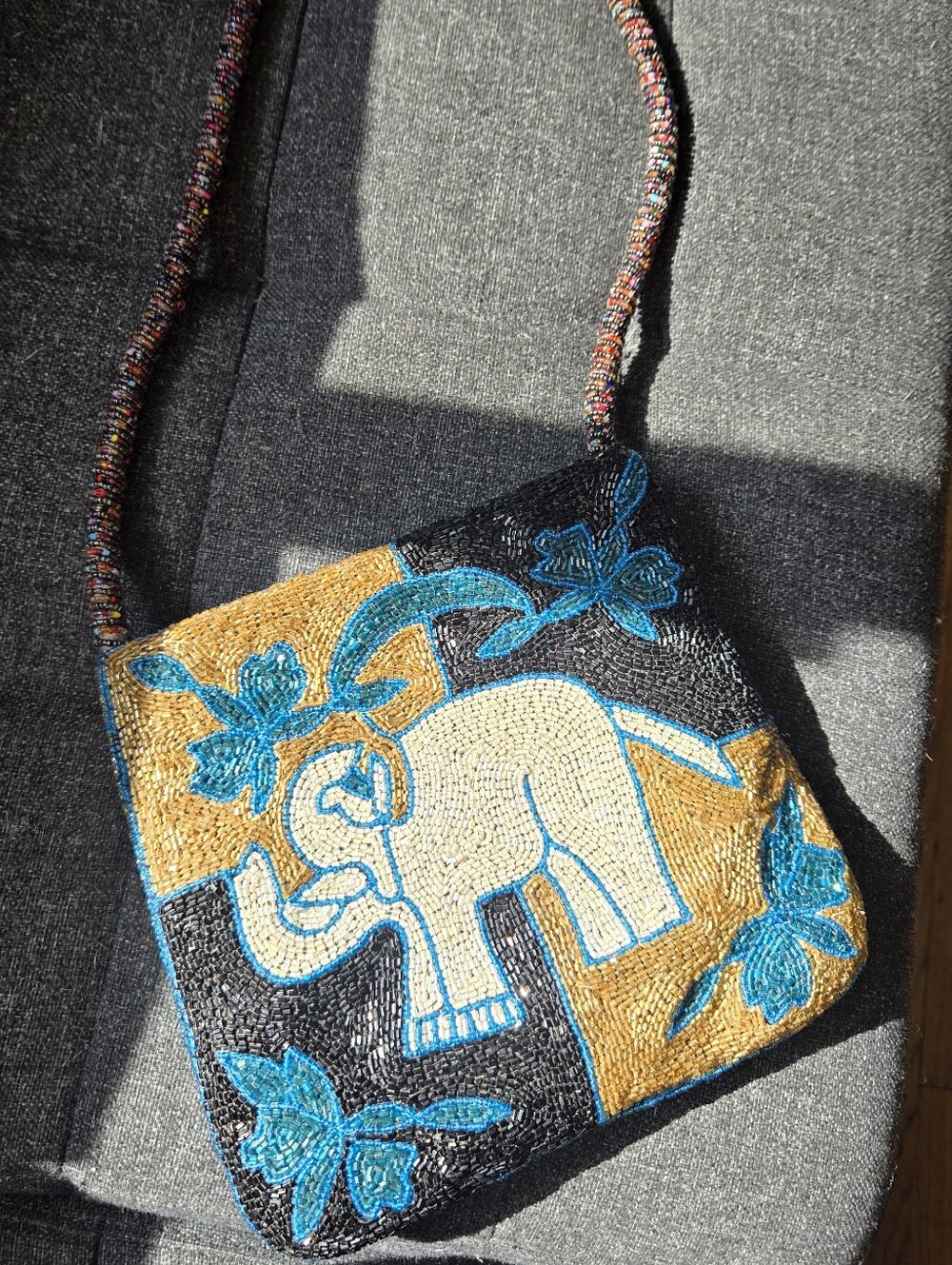 ✨PRISTINE Double-Sided Hand-Beaded Elephant Boho Bag Artisan Quality Purse